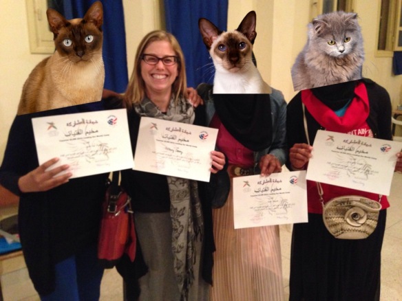 My students and me, with our camp certificates. (photo made internet safe for Moroccan girls courtesy of the Kitty Booth ap)
