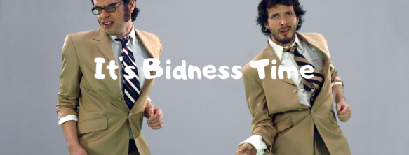 Picture of the Flight of the Conchords duo, Brett and Jermaine, with "It's Bidness Time" written over their picture. 