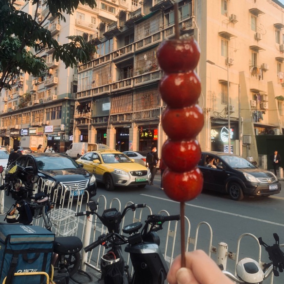 Candy covered fruit on a skewer