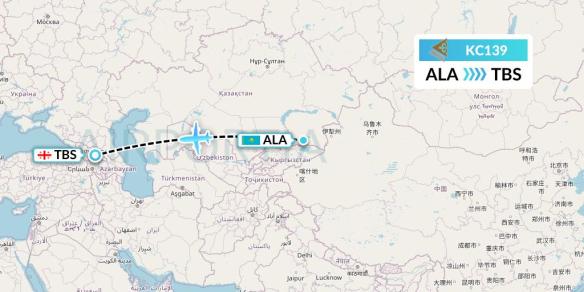 Map showing flight path from Almaty to Tbilisi